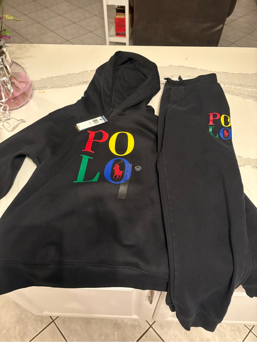 Polo by Ralph Lauren Black Kids Hoodie & Jogger Set with Multicolor POLO Logo